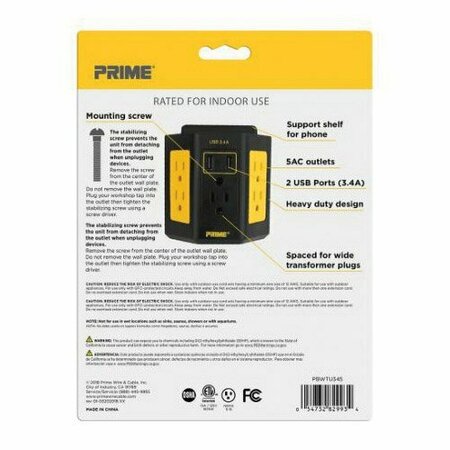 PRIME WIRE & CABLE Prime Power Hub With USB, 15 A, 125 V, 2 -USB Port, 5 -Outlet, Black/Yellow PBWTU345